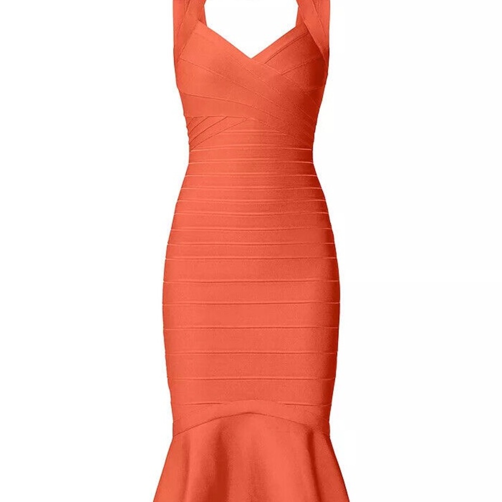Herve Leger sweetheart flare bandage dress in stunning deep sea coral sz M. NWT